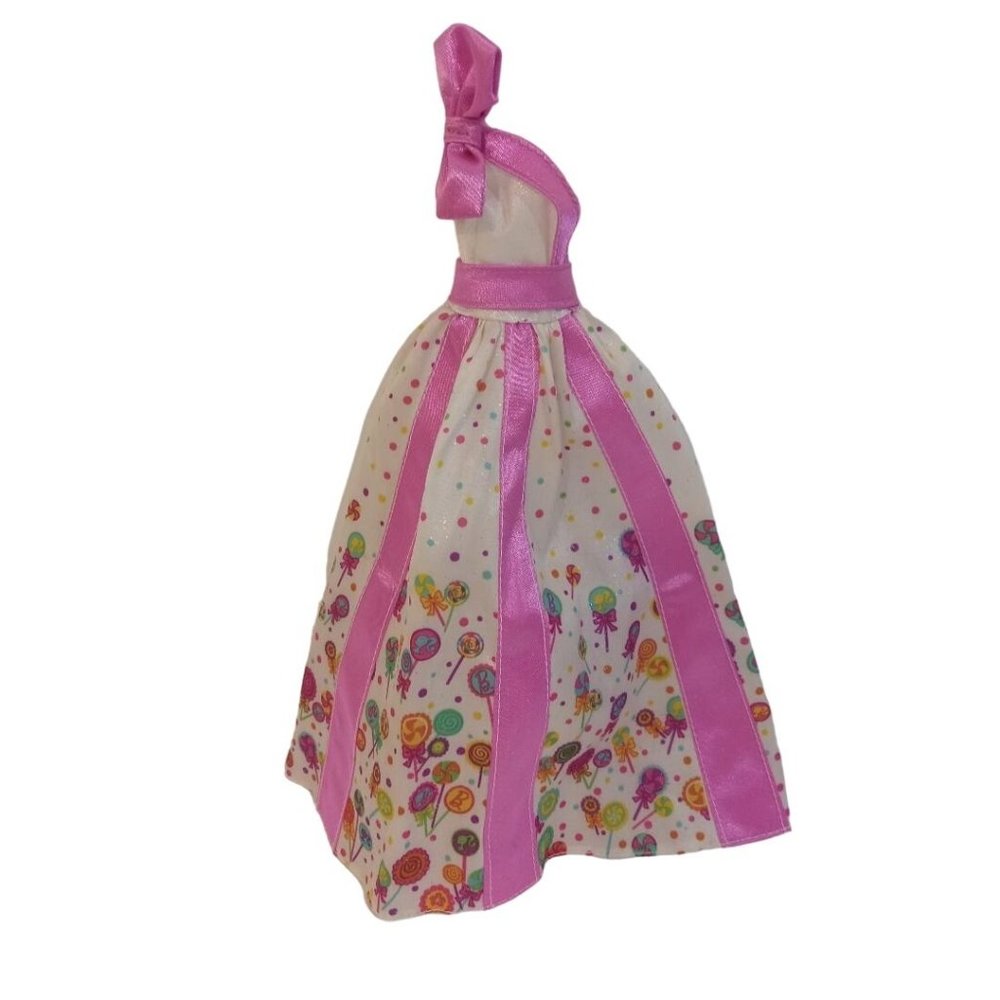 Mattel Barbie Doll Dress Pink Multi Maxi Long 10 In Bows Lollipops Design Print